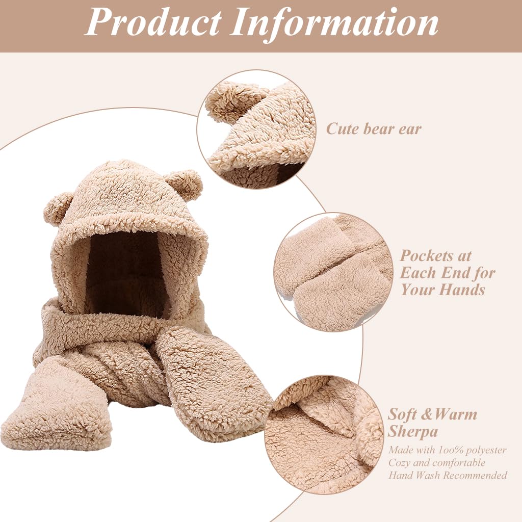 PALAY Bear Ear Winter Cap for Women with Long Scarf and Integrated Gloves