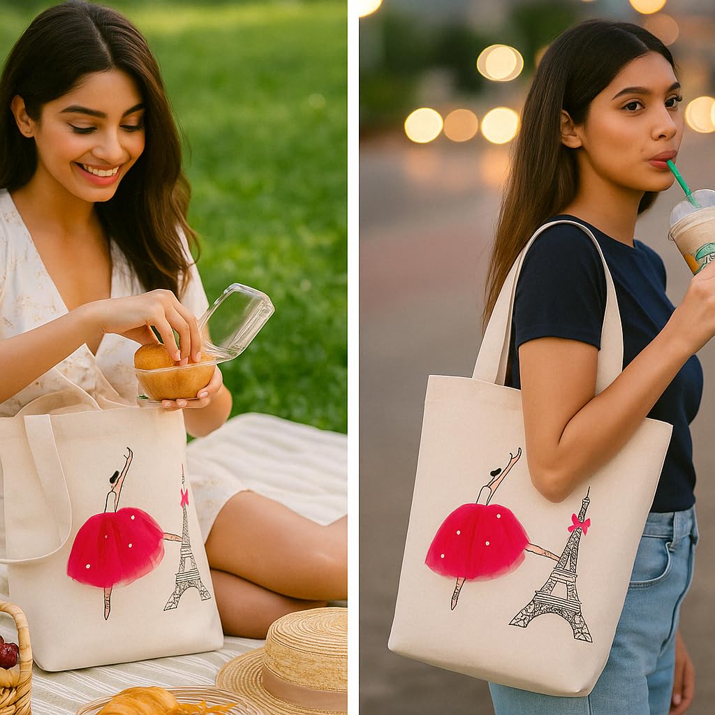 MASQ by Q-One Girl Embroidered Canvas Tote Bags for Women with Zip, College Bag for Girls, 100% Organic Cotton Tote Bag for Traveling & Daily Use | Stylish Gifts for Women and Girl