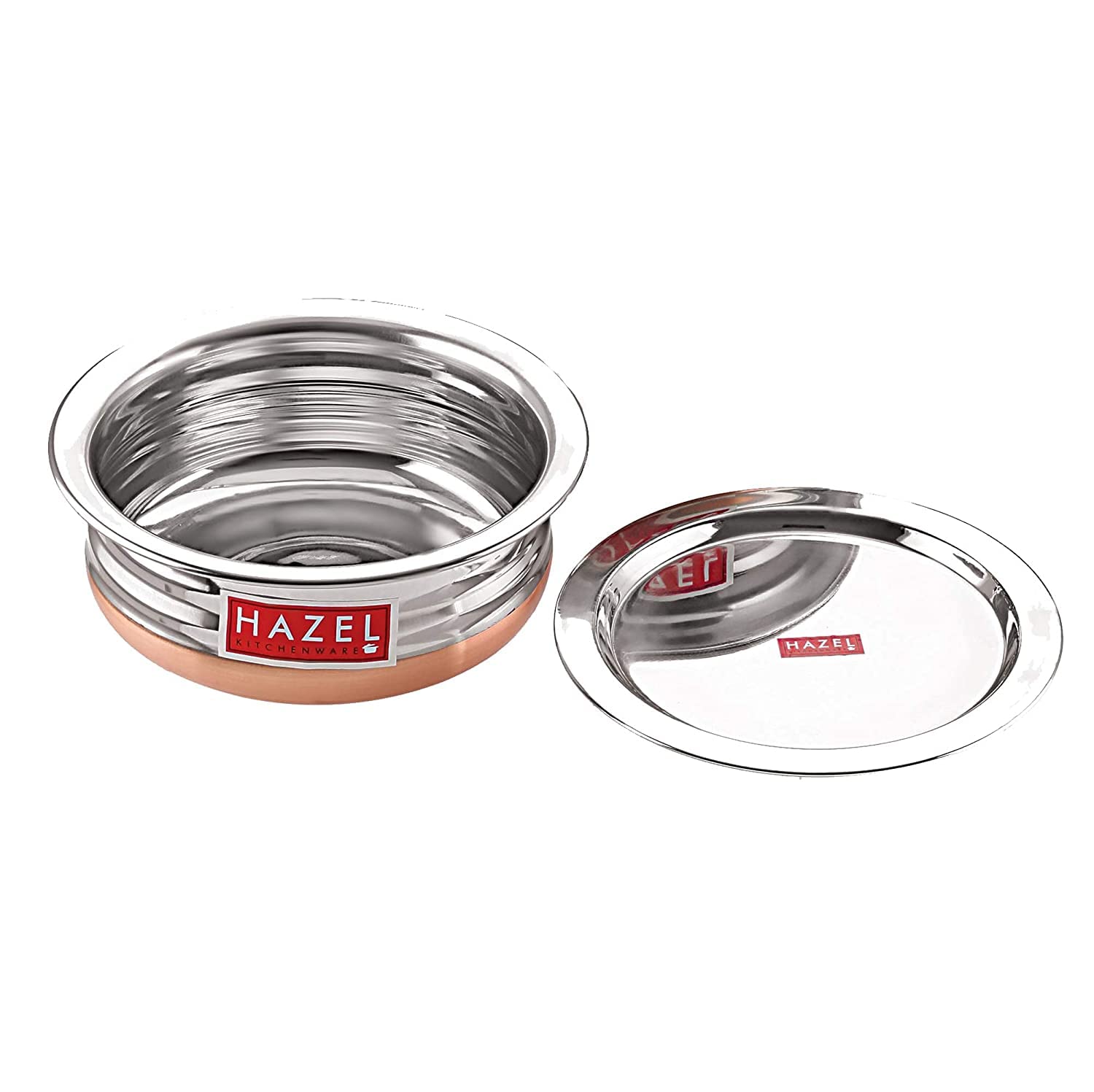 HAZEL Copper Bottom Uruli with Lid | Urli Vessel Cooking Stainless Steel | Serving Tope Handi | Kitchen Items for Home Cooking, 1300 ML