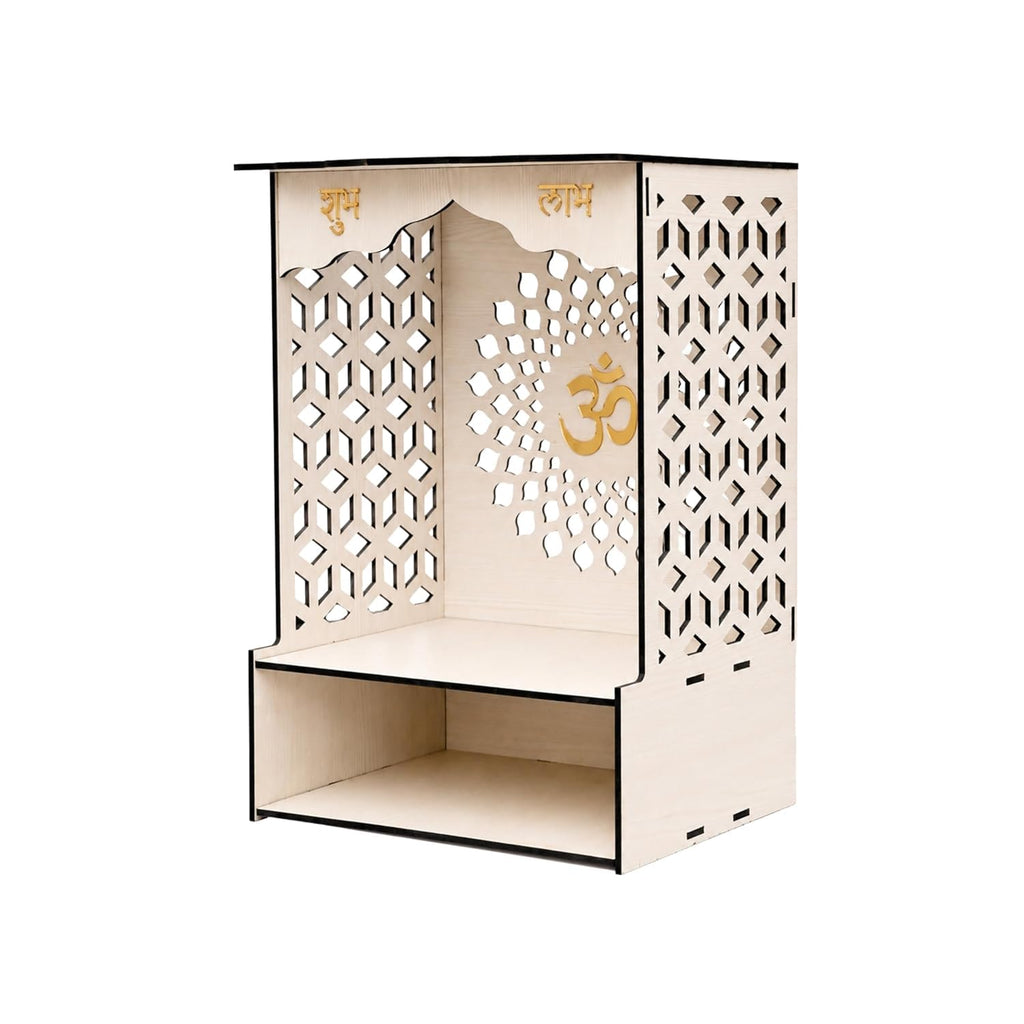 Venlay Wood Wooden Home Mandir with Jali Work - White Oak Finish Pooja Ghar Featuring Gold Om, Shubh & Labh Accents - Compact Wall Hanging & Desktop Altar with Storage Shelf for Home & Office (White)