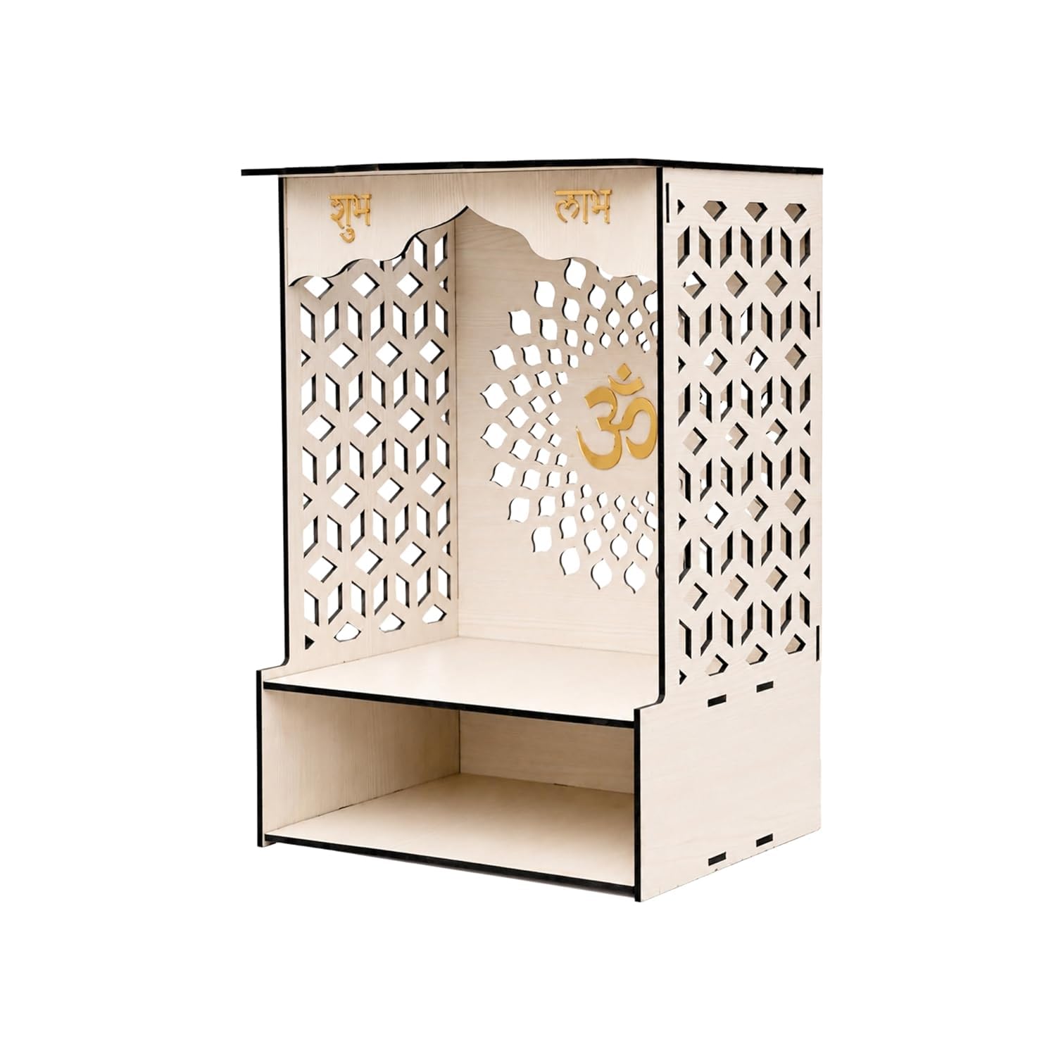 Venlay Wood Wooden Home Mandir with Jali Work - White Oak Finish Pooja Ghar Featuring Gold Om, Shubh & Labh Accents - Compact Wall Hanging & Desktop Altar with Storage Shelf for Home & Office (White)