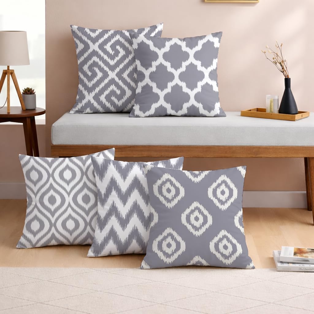 STITCHNEST Set of 5 Polycotton Cushion Covers – 18x18 Inches – Grey & White Ikat Geometric Print – Elegant Cushion Covers for Sofa & Living Room | Perfect for Home Decor