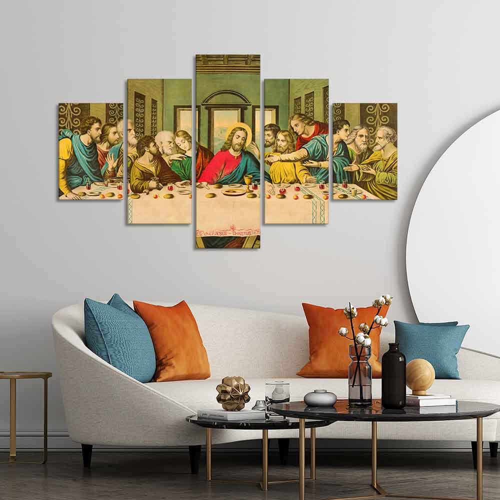 VIBECRAFTS Homcraft The Last Supper of Christ in Church Wall Painting of Five Pieces For Home|Office|Living Room|Gift (PTVC5Pcs1_5547)