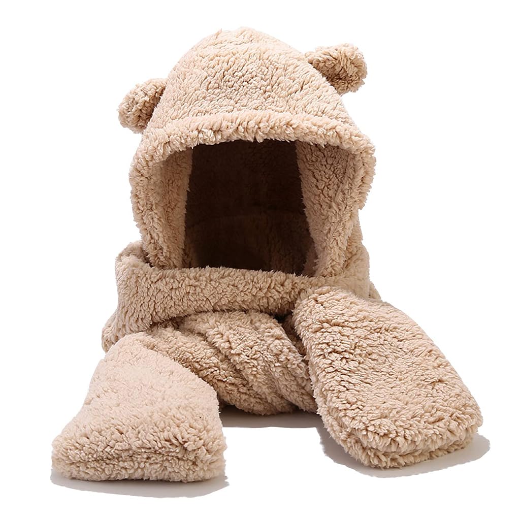 PALAY Bear Ear Winter Cap for Women with Long Scarf and Integrated Gloves