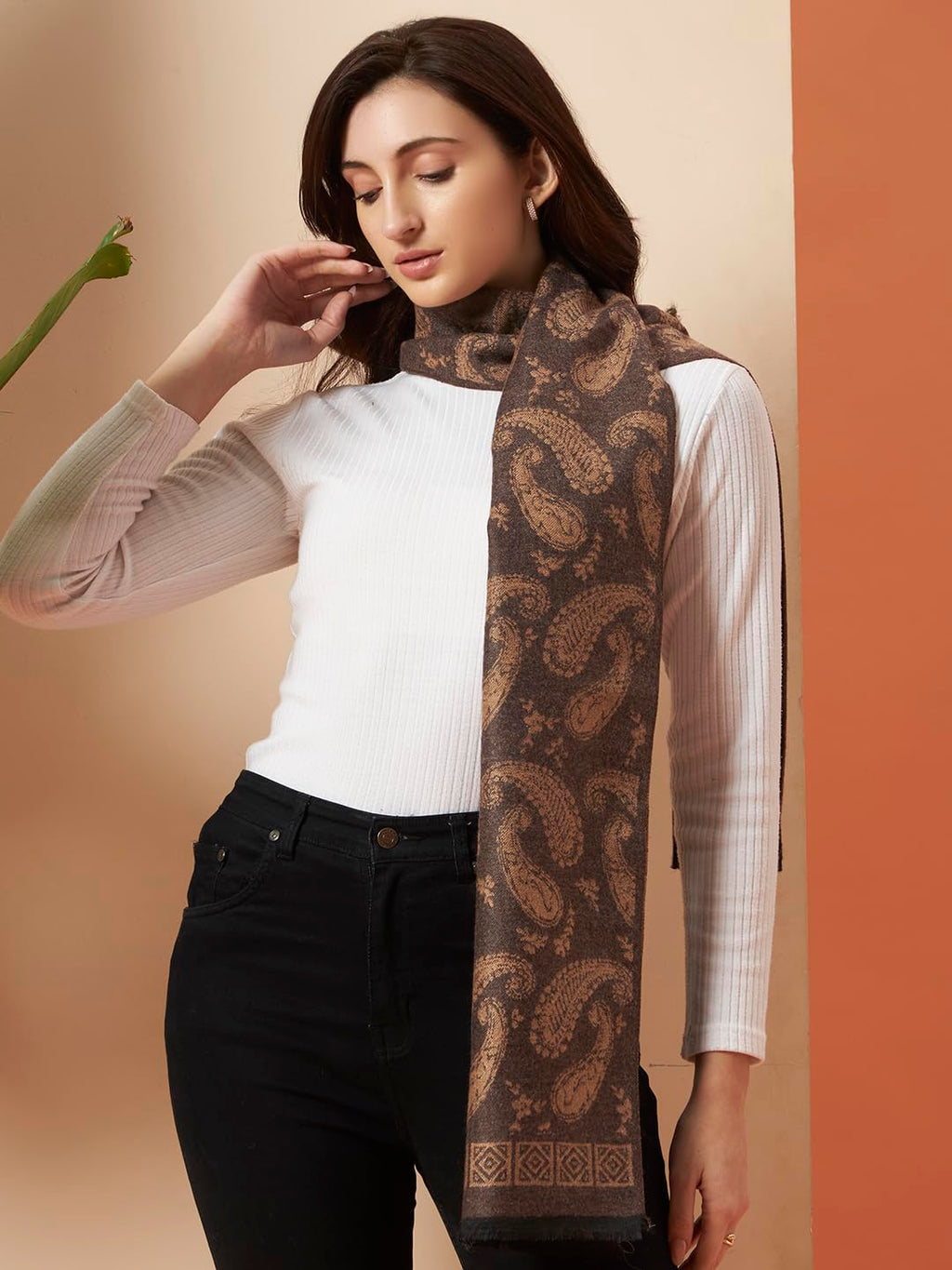 Ravaiyaa - Attitude is everything Women's Winter Warm Scarf Cashmere Reversible Wool Muffler Paisley Design (Brown Paisley)