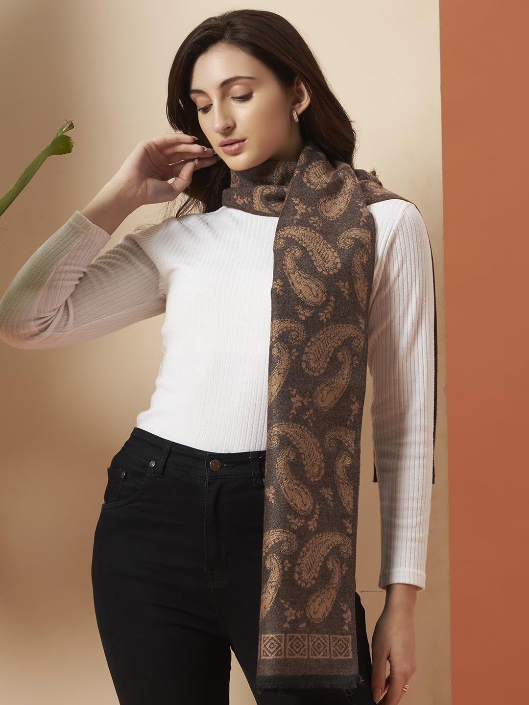 Ravaiyaa - Attitude is everything Women's Winter Warm Scarf Cashmere Reversible Wool Muffler Paisley Design (Brown Paisley)