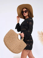 MAIRO LIFESTYLE Straw Wicker Handmade Boho Summer Beach Round Tote Moon Bag (Brown Large)