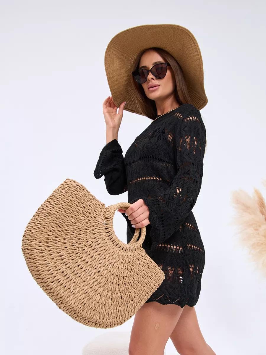 MAIRO LIFESTYLE Straw Wicker Handmade Boho Summer Beach Round Tote Moon Bag (Brown Large)