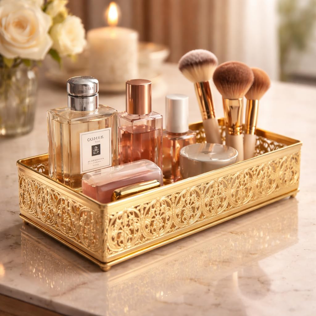 ROYAL RIWAAZ Gold Metal Vanity Organizer Tray – Rectangular Filigree Design Decorative Storage Tray for Dressing Table, Bathroom Counter & Home Decor