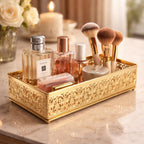 ROYAL RIWAAZ Gold Metal Vanity Organizer Tray – Rectangular Filigree Design Decorative Storage Tray for Dressing Table, Bathroom Counter & Home Decor