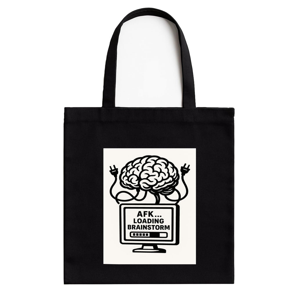 Kirmada Black Cotton Tote Bag | Brainstorm Mode AFK Loading Design | Minimal Tech Humor Tote for College, Work & Shopping | Zipper Closure | Reusable Eco Friendly Cotton Bag | Gift for Creatives