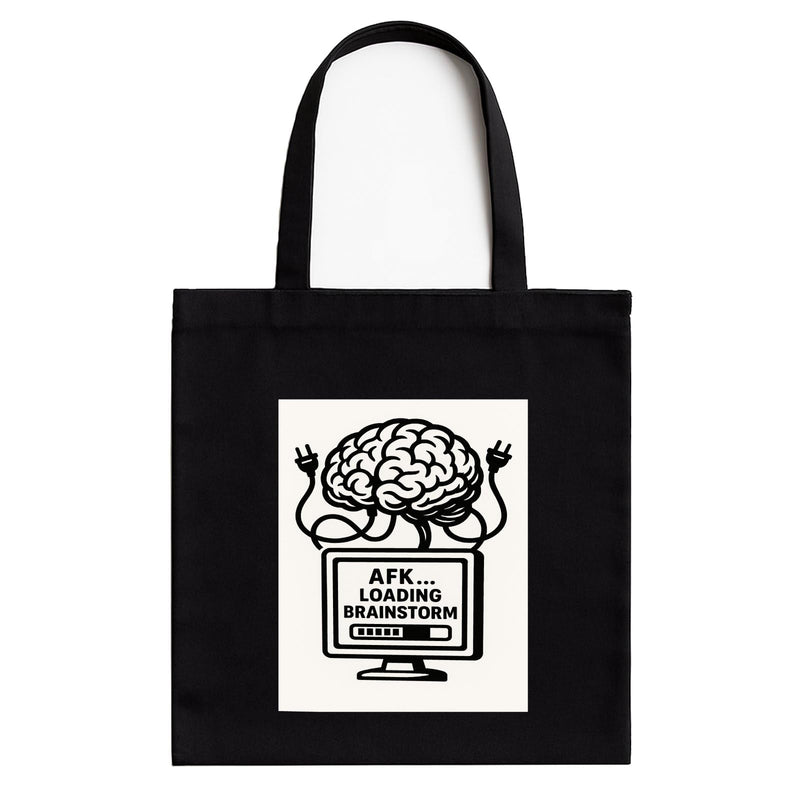Kirmada Black Cotton Tote Bag | Brainstorm Mode AFK Loading Design | Minimal Tech Humor Tote for College, Work & Shopping | Zipper Closure | Reusable Eco Friendly Cotton Bag | Gift for Creatives