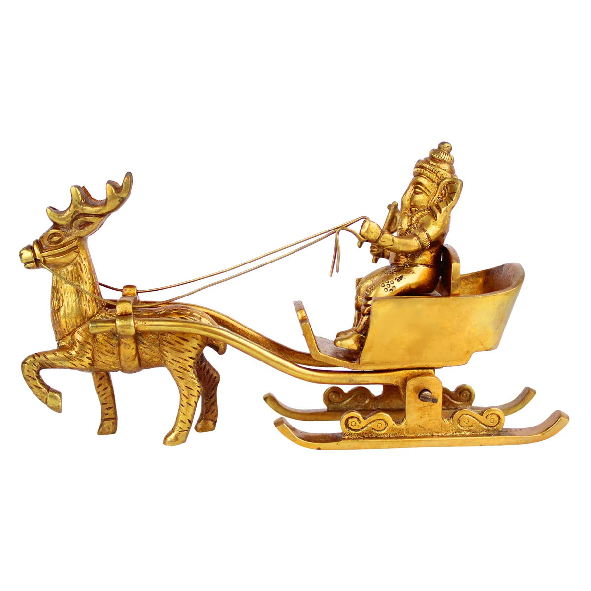 ARTVARKO Brass Ganesha Statue As Santa Pulled By Deer Brass Ganesh Murti Idol Showpiece Home Décor Mandir Bhagwan Office Temple Gift