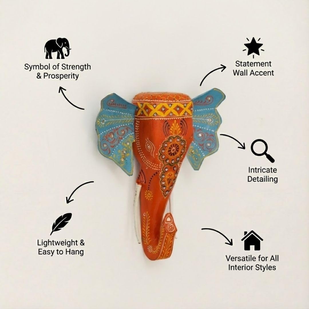 ATRANGI STUDIO Handpainted Wooden Elephant Wall Decor | Ethnic Wooden Wall Art | Symbol of Strength & Wisdom | Wall Hanging for Home, Corridor & Balcony | Ready to Hang | 11 Inch, Multicolor