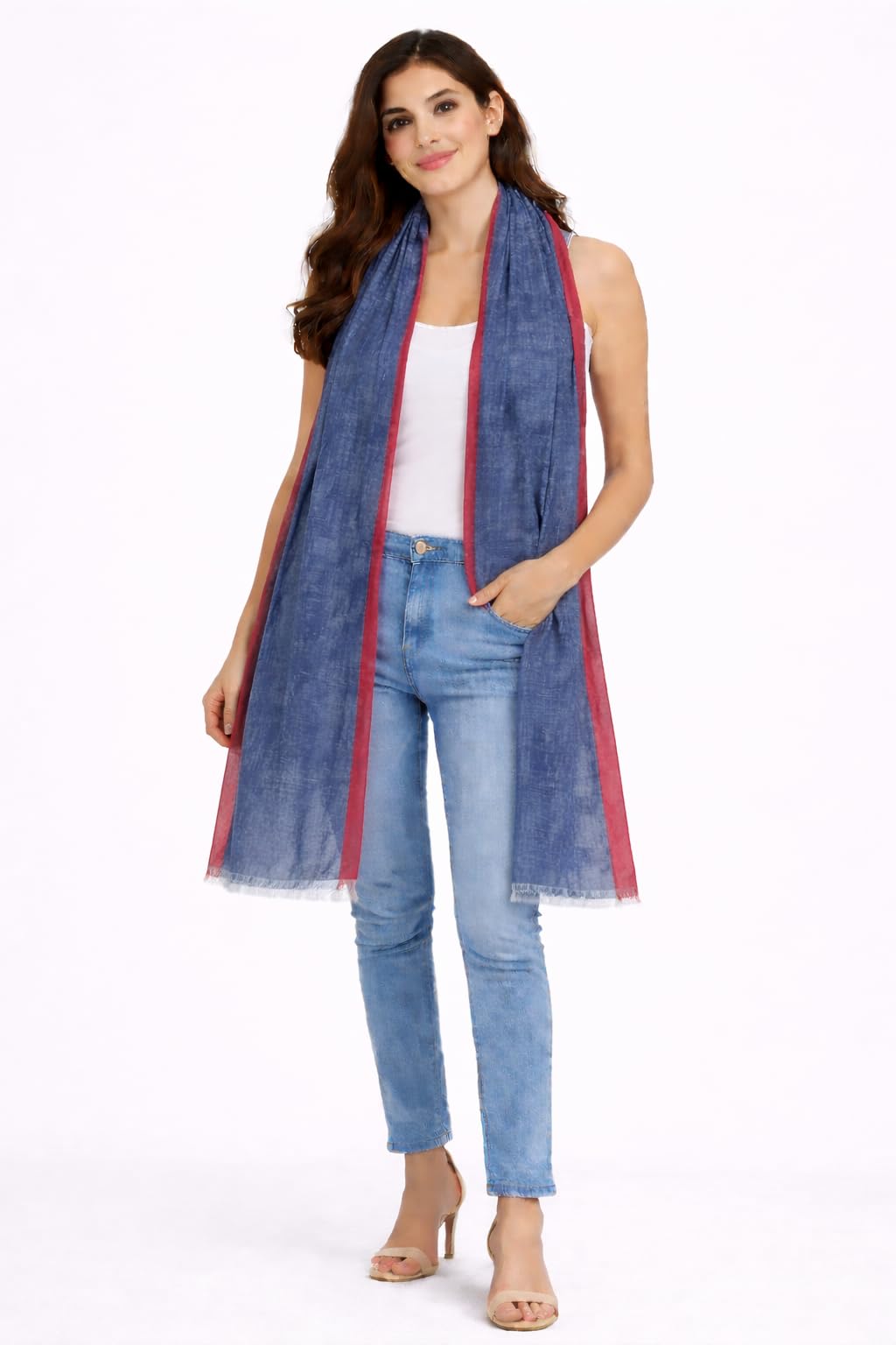 Women's Denim Navy Blue Scarf Stole with Red Contrast Border