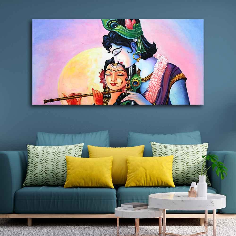 VIBECRAFTS Canvas Paintings for Living Room Drawing Room Colorful Wall Painting of Radha Krishna Fitted with Wooden Frame for Home|Office|Gift(PTVCH_2243)