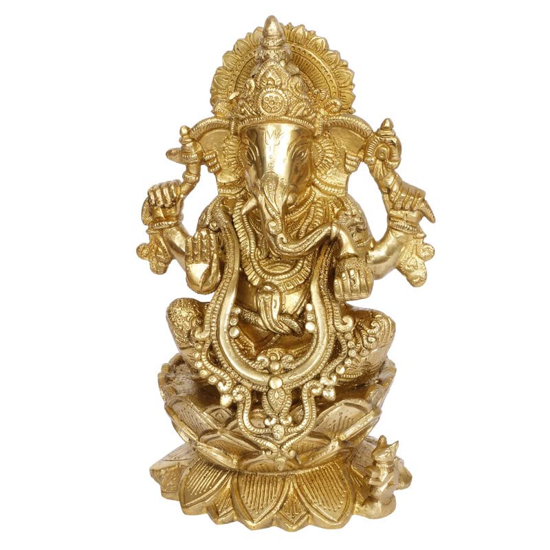 Svarup Brass Sitting Ganesha Idol in Gold Color Height 7.5 Inch Weight 2.8 Kg