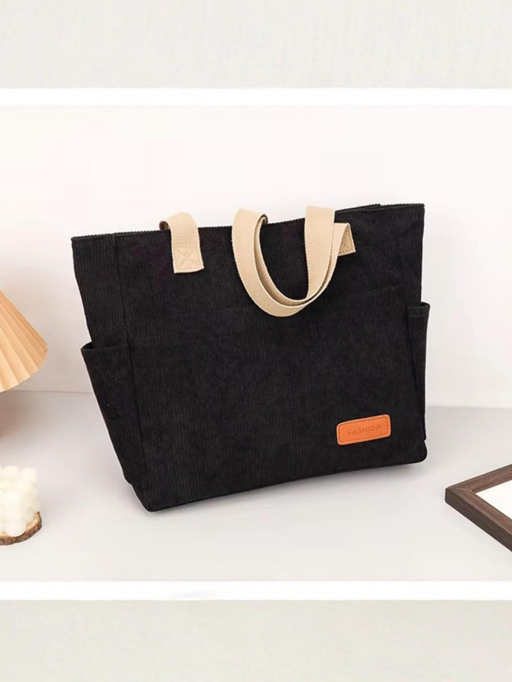 ITALISH Corduroy Tote Bag for Woman Lightweight Multi-Pocket Handbags for Women Latest Collection with Zipper Closure (Black)