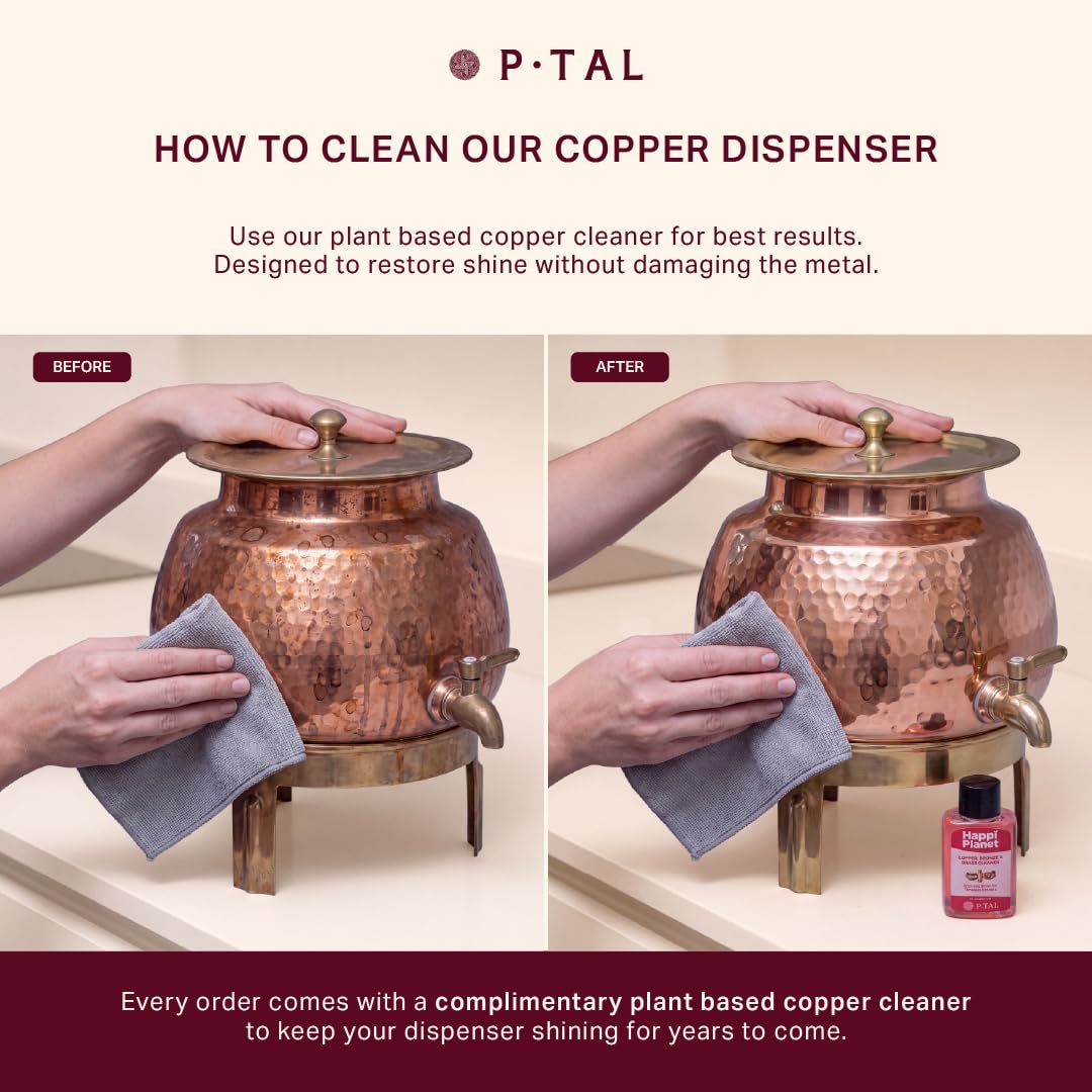 P•TAL Copper Water Dispenser Set with Gift Box | 100% Pure Copper Pot/Matka with Prefitted Leakproof Brass Tap, Lid and Stand (5L)