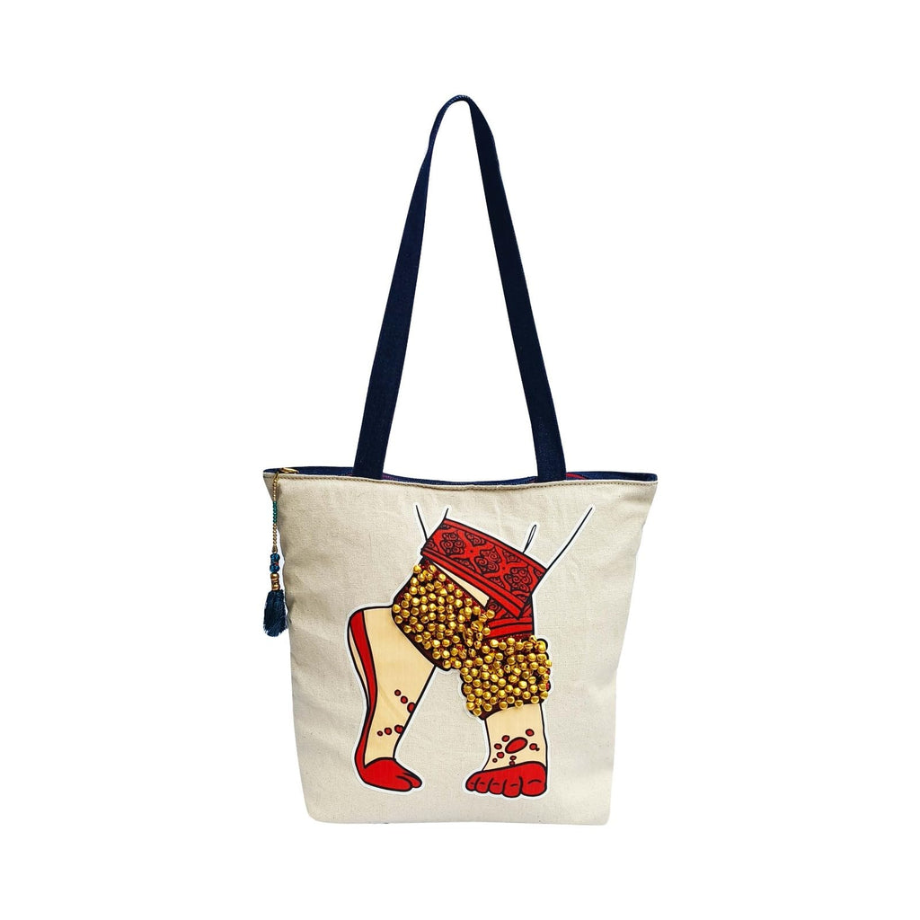 The Purani Jeans Denim Tote Bag with Hand-Printed Design and Real Ghungroos - Handbag for Women & Girls - Ideal for Office, College, Travel, Shopping Bag with Zipper