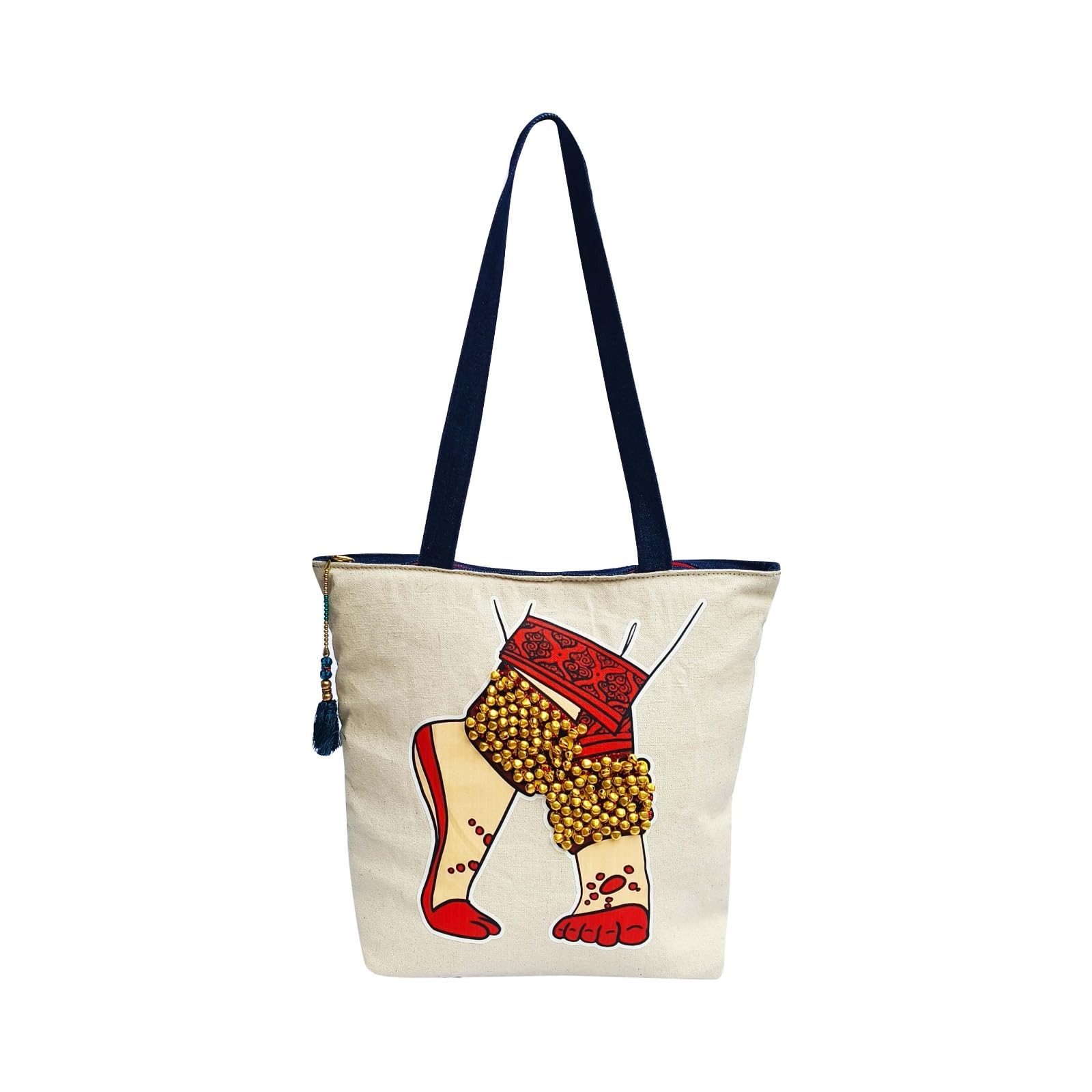 The Purani Jeans Denim Tote Bag with Hand-Printed Design and Real Ghungroos - Handbag for Women & Girls - Ideal for Office, College, Travel, Shopping Bag with Zipper