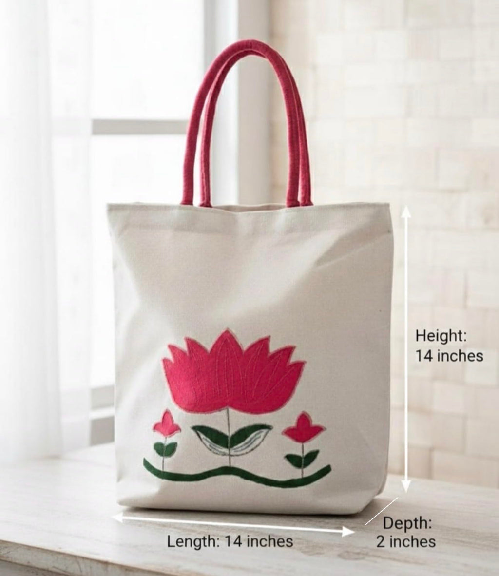 ZIG ZAG BAGS Canvas Tote Bag with Zipper | Lotus Design | Hand-Painted Cotton Tote for Girls, Office & Shopping | Eco-Friendly Cloth Handbag | Stylish Shoulder Shopping Bag for Women (Lotus)