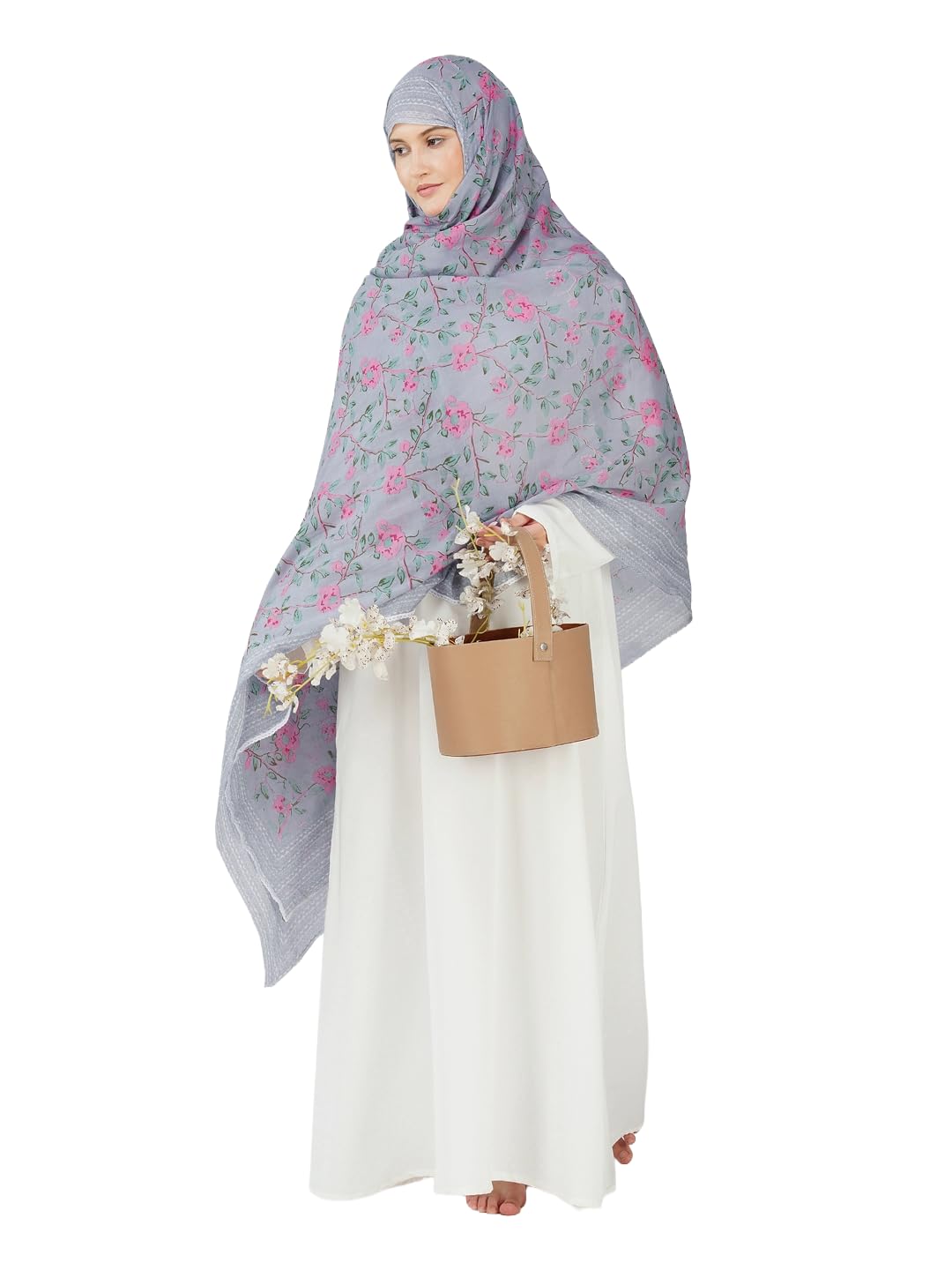 ANAApparels ANA Zoha Bluish Grey Floral Dupatta | 92 x 42 Inches – Premium Mulmul Cotton | Lace Border | Lightweight, Soft & Breathable