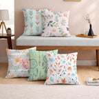STITCHNEST Set of 5 Pastel Leaf Serenity Collection Printed Jute Cushion Covers 16x16 Inches | Decorative Throw Pillow Covers for Sofa, Living Room, Bedroom | Perfect for Home Decor