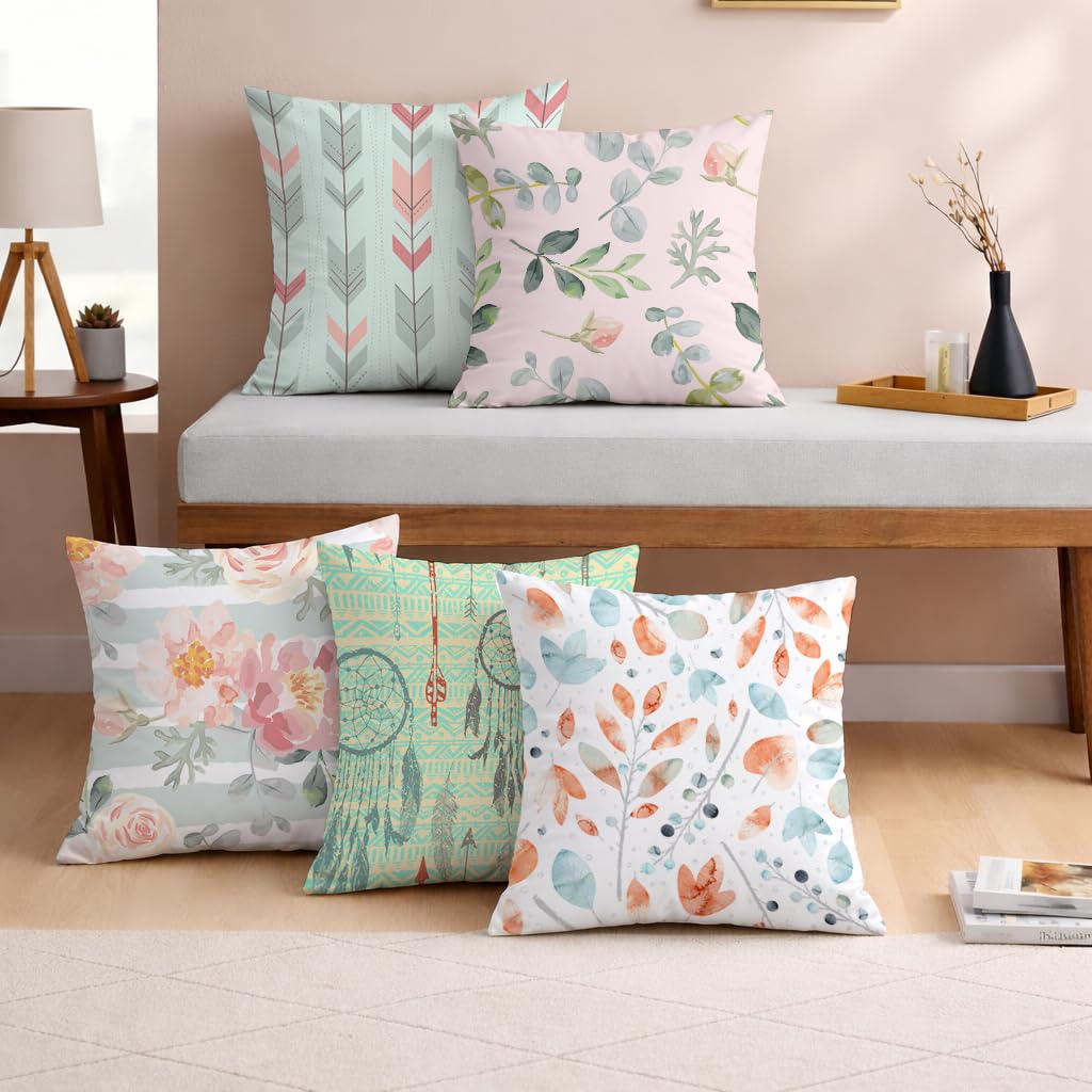 STITCHNEST Set of 5 Pastel Leaf Serenity Collection Printed Jute Cushion Covers 16x16 Inches | Decorative Throw Pillow Covers for Sofa, Living Room, Bedroom | Perfect for Home Decor