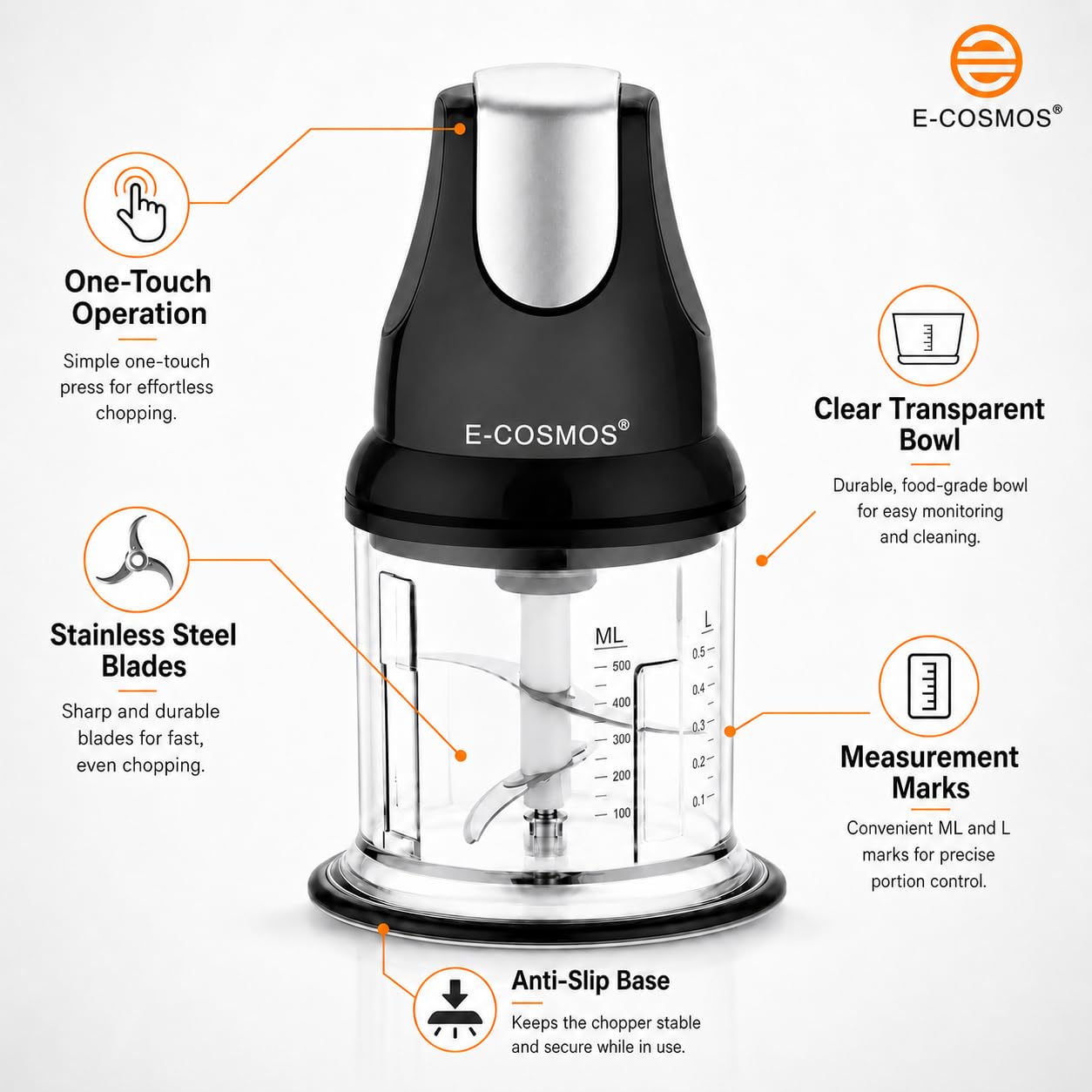 E-COSMOS® Ultra Fast 250 Watts Electric Chopper – Twin Blade Vegetable Cutter & Mincer – 500ml Plastic Bowl with Storage Lid – Durable 100% Copper Motor – Multi-Purpose Whisk & Blend (Black)