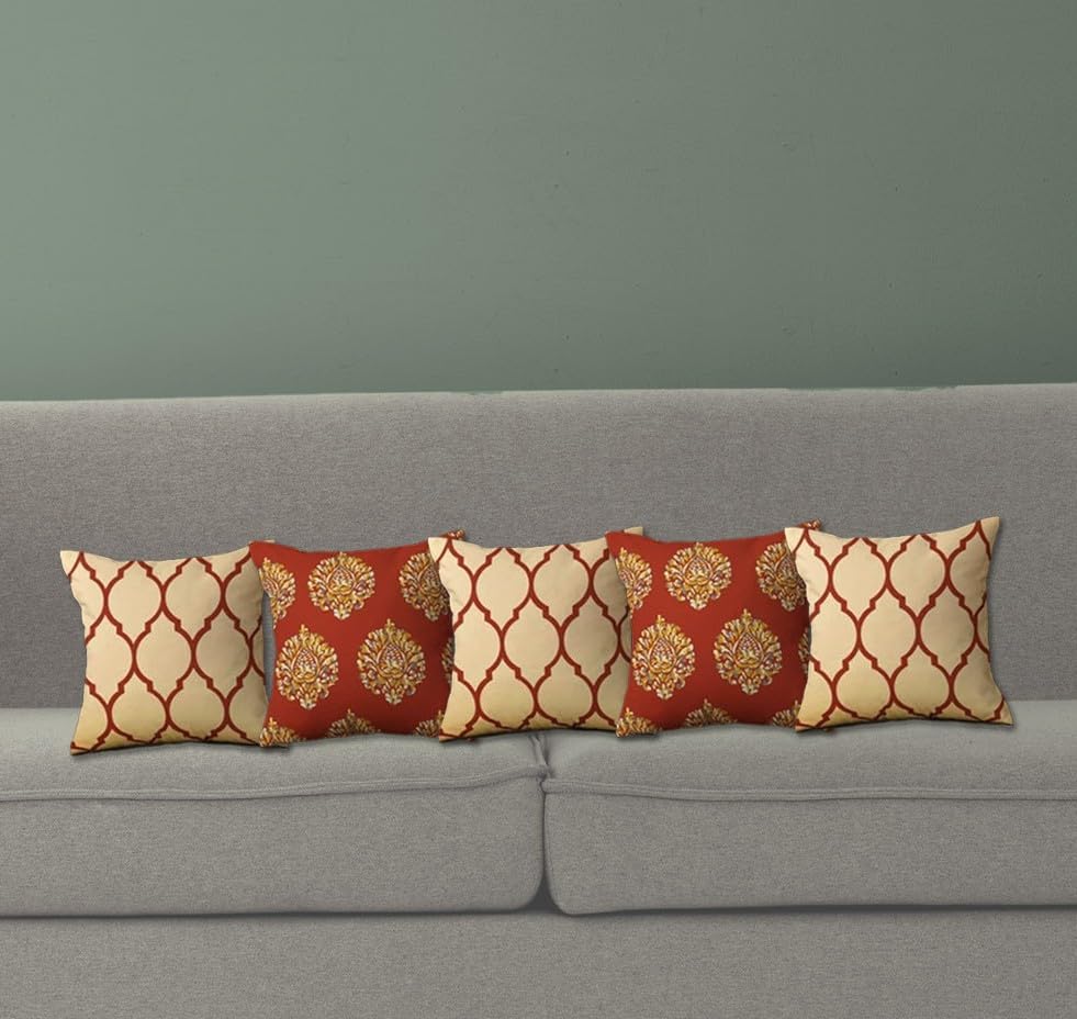 Trance Home Linen Set of 5 Premium 100% Cotton 12x12 inch Cushion Covers Only for Sofa and Diwan | Small Cushion Covers Only – (12x12 inch | 30cmx30cm, Dori & Damask Clay Red) – Set of 5