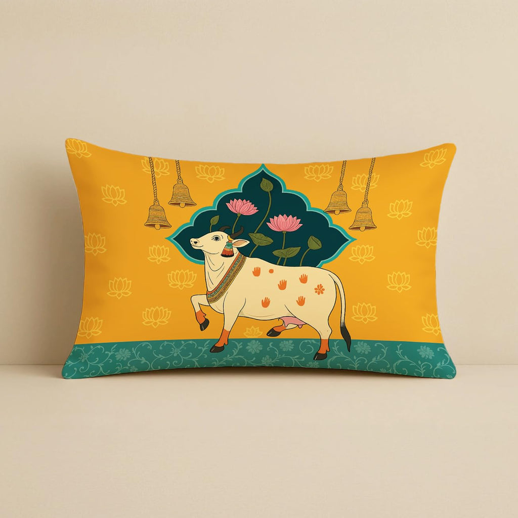 STITCHNEST Satin Ethnic Cushion Covers Cow & Lotus Art, 12x18 Inches, Pack of 2 for Living Room & Festive Decor