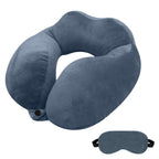 STUFFIVA Travel Neck Pillow and Eye Mask Set - Contoured Orthopedic U-Shaped Support Cushion with Front Snap, Hanging Loop, and Matching Blindfold for Airplane, Car, and Office Sleep, Black