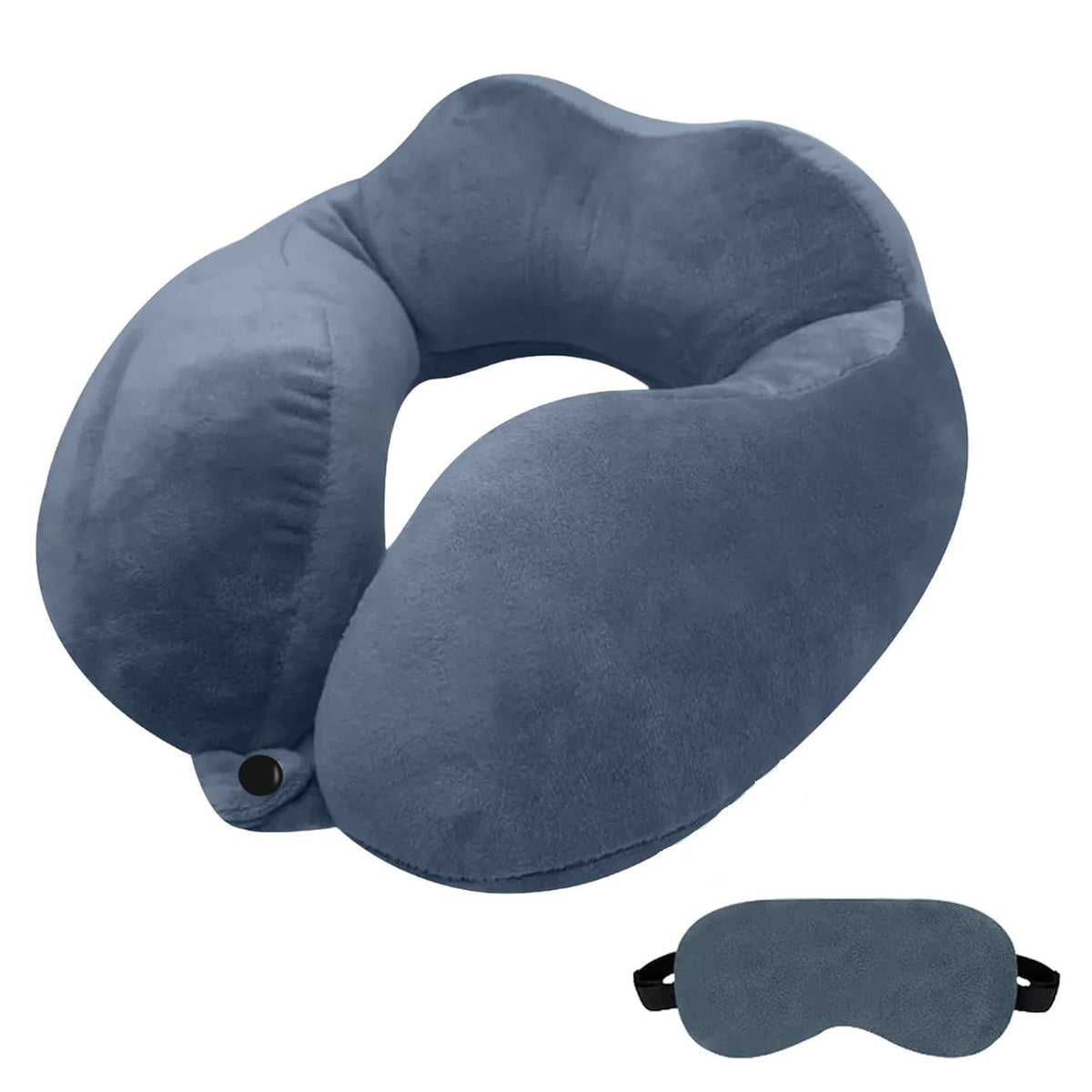 STUFFIVA Travel Neck Pillow and Eye Mask Set - Contoured Orthopedic U-Shaped Support Cushion with Front Snap, Hanging Loop, and Matching Blindfold for Airplane, Car, and Office Sleep, Black