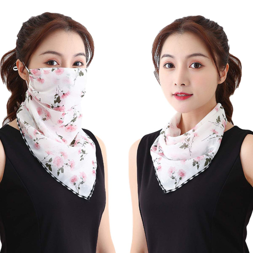 Youstylo Face Scarf Mask for Women Sun Protection Outdoor Riding Protective Chiffon Floral Print Lightweight Scarves Masks (1102A, White-Flower)