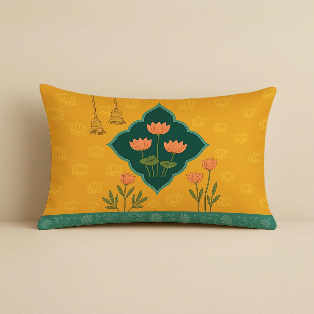 STITCHNEST Satin Ethnic Cushion Covers Cow & Lotus Art, 12x18 Inches, Pack of 2 for Living Room & Festive Decor