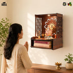 Gift Kya De Wooden Temple for Home | Pooja Mandir with LED Light, Drawer & Shelves | Wall Mounted or Tabletop Mandir with OM Logo (DIY - H-15 x L-12 x W-10.5 Inch)