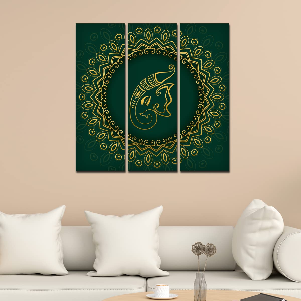 VIBECRAFTS Beautiful Ganesha Head 3 Pieces Canvas Wall Painting Fitted With Wooden Frame For Home | Office | Living Room | Gifts (PTVC3Pcs1_9557)