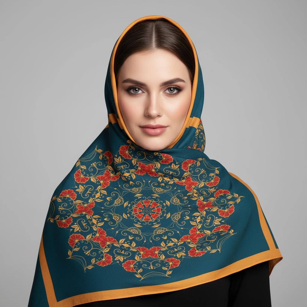 KANJAARA Elegant Japanese Floral Silk Scarf, Premium Satin Square Bandana, 40 x 40 inches, Multipurpose Fashion Accessory for Head Wrap, Neck Wear, Handbag Decoration (D-354)