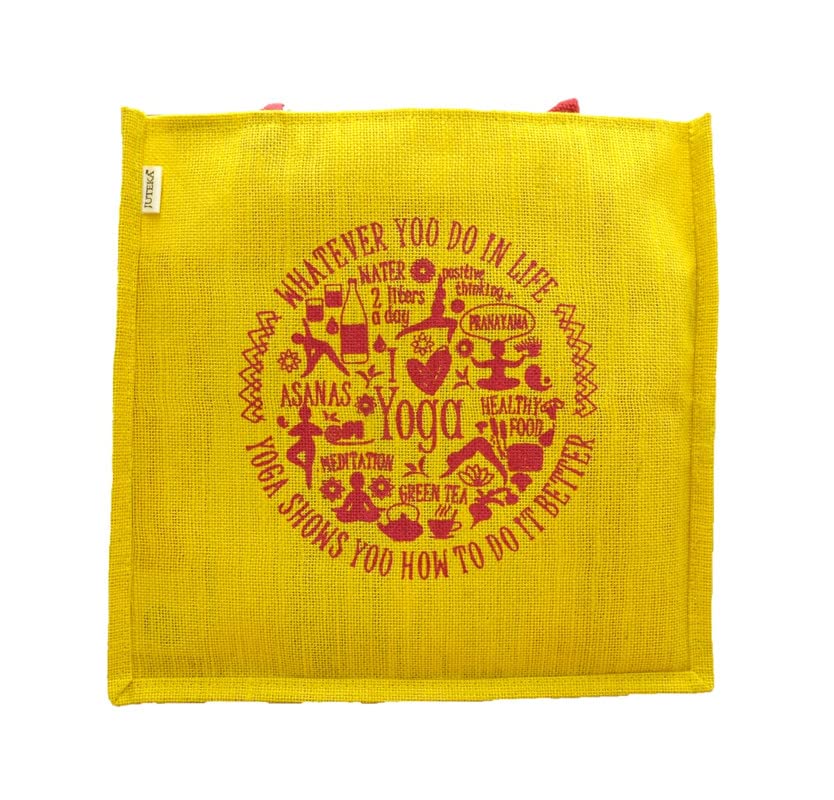 JUTEKA Yoga Print Eco Friendly Jute Bag for Shopping, Lunch, Tiffin, Office, Grocery with Zip Closure and Padded Cotton Handles…
