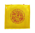 JUTEKA Yoga Print Eco Friendly Jute Bag for Shopping, Lunch, Tiffin, Office, Grocery with Zip Closure and Padded Cotton Handles…