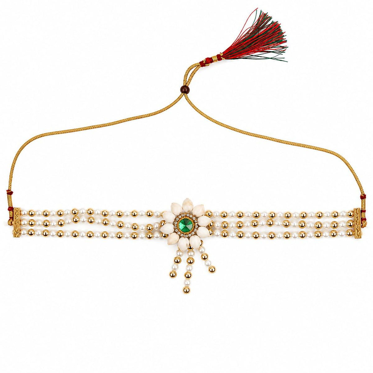 Anuradha Plus Jewellery Designer Mogra flower Jewellery Combo Set With Red Stone | Handmade Maharashtrian Floral Jewellery | Haldi, Mehendi, Wedding, Festival & Bridal Wear |For Baby Shower | For Womens & Girls. (Red)