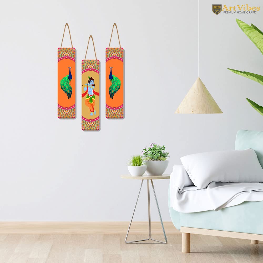 Artvibes Shri Krishna and Peacock Wall Hanging Home Decorative Wall Art for Living room | Spiritual Decor Items | Wall Illustrations | Artwork | Painting | Gift Items (WH_8106N), Set of 3