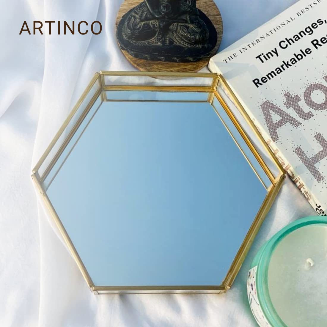 ARTINCO Vintage Glass & Brass Vanity Tray, Hexagonal Home Table Decoration, Makeup Organizer, Vanity Tray, Brass Gold 8x9x1.5 Inches