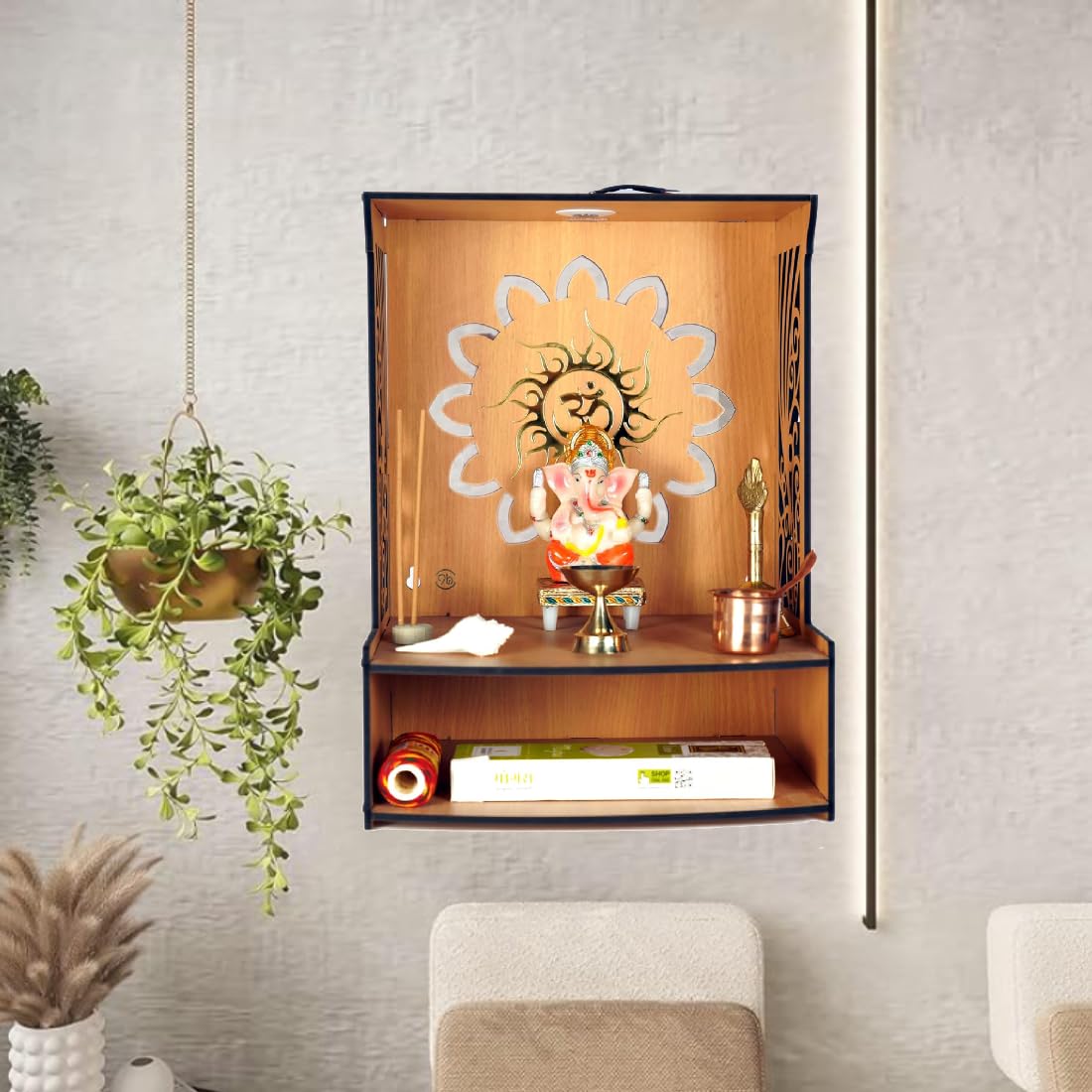 9br® Laabh Beautiful Wooden Pooja Stand for Home Pooja Mandir for Home Temple for Home and Office, with LED Spot Light Size (H- 15.5, L- 11.5, W-11 in)
