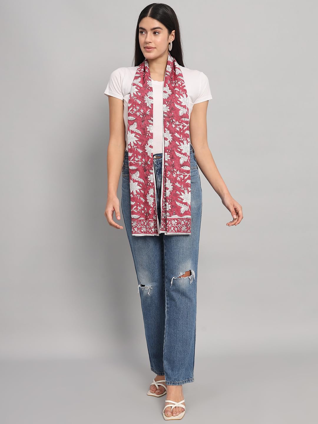 Ravaiyaa - Attitude is everything Women Red & White Hand Block Floral Printed Cotton Scarf 71 X 21 Inch
