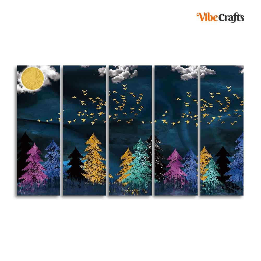 VIBECRAFTS Five Pieces Wall Painting of Golden Birds Flying over The Dark Forest For Home|Office|Living Room|Gift (PTVC5Pcs4_8717)