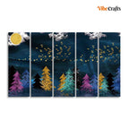 VIBECRAFTS Five Pieces Wall Painting of Golden Birds Flying over The Dark Forest For Home|Office|Living Room|Gift (PTVC5Pcs4_8717)
