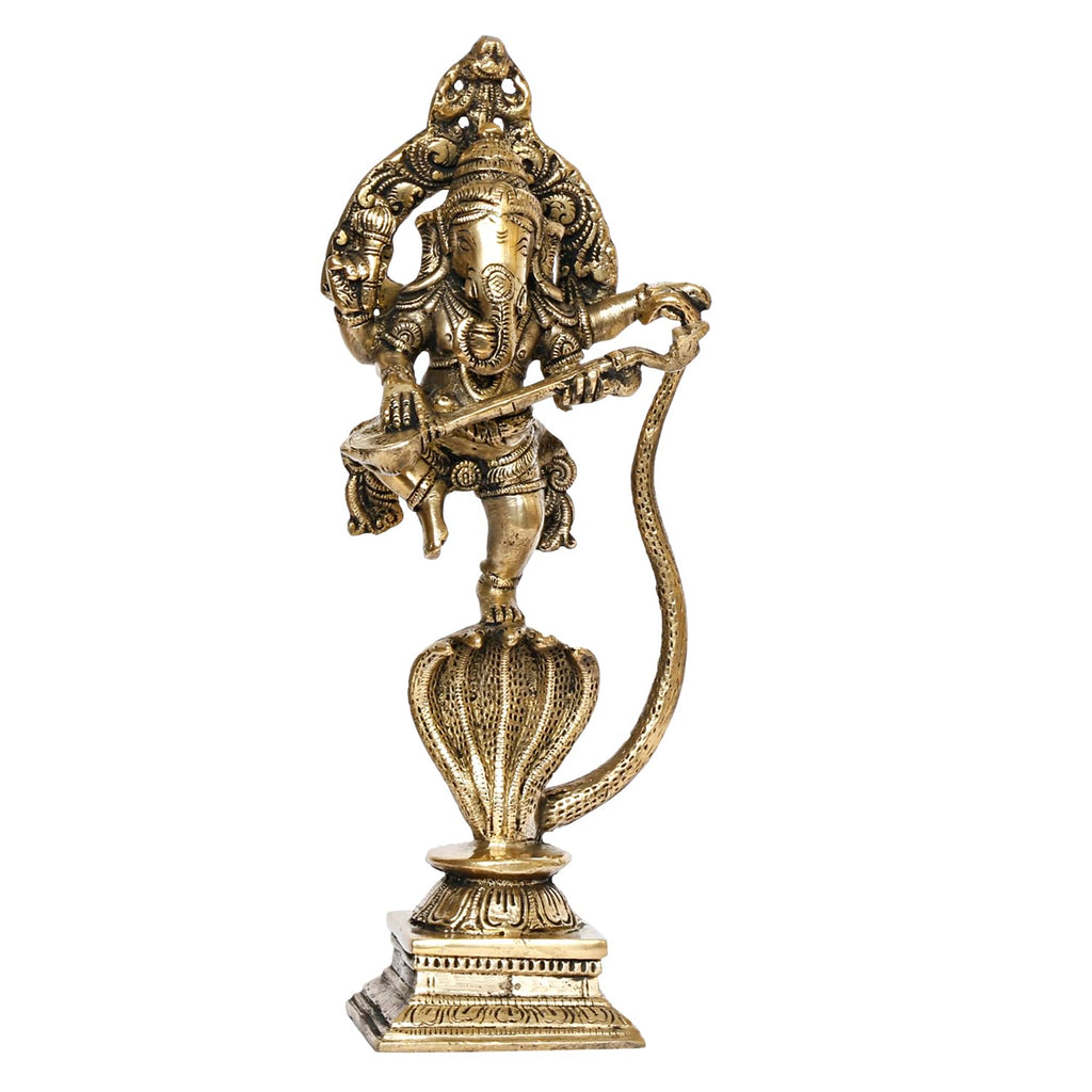 ARTVARKO Brass Dancing Ganesha Statue Ganesh on Shesh Naag Hood Murti Vastu Religious Figurine for Mandir, Living Room, Office Table and Home Decor 10.5 Inch