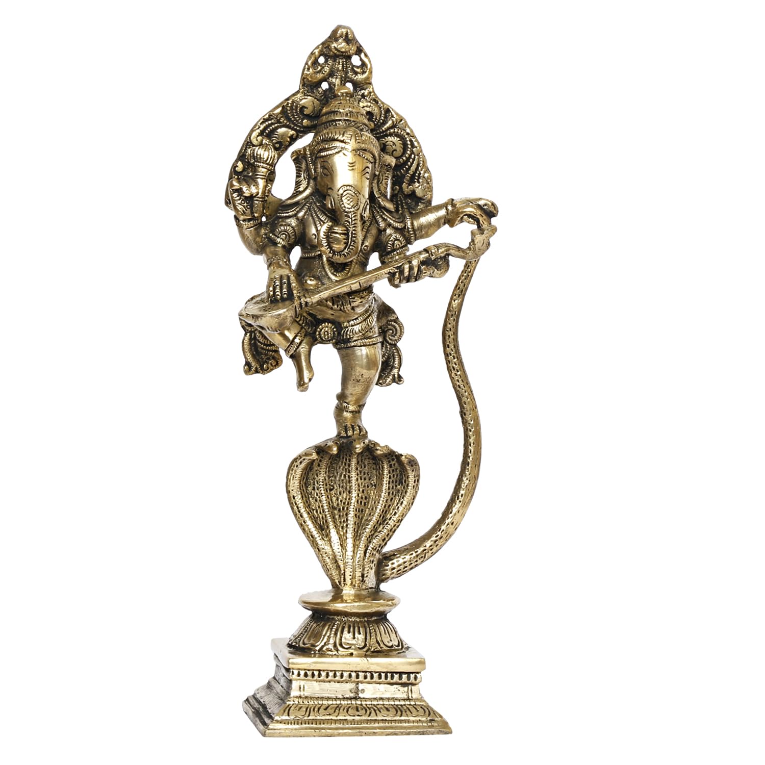 ARTVARKO Brass Dancing Ganesha Statue Ganesh on Shesh Naag Hood Murti Vastu Religious Figurine for Mandir, Living Room, Office Table and Home Decor 10.5 Inch